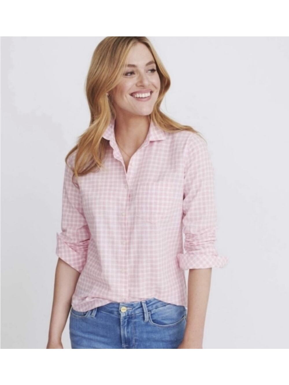 UNTUCKit Gingham Plaid Collared Long Sleeve Shirt White Pink Size 8 NEW